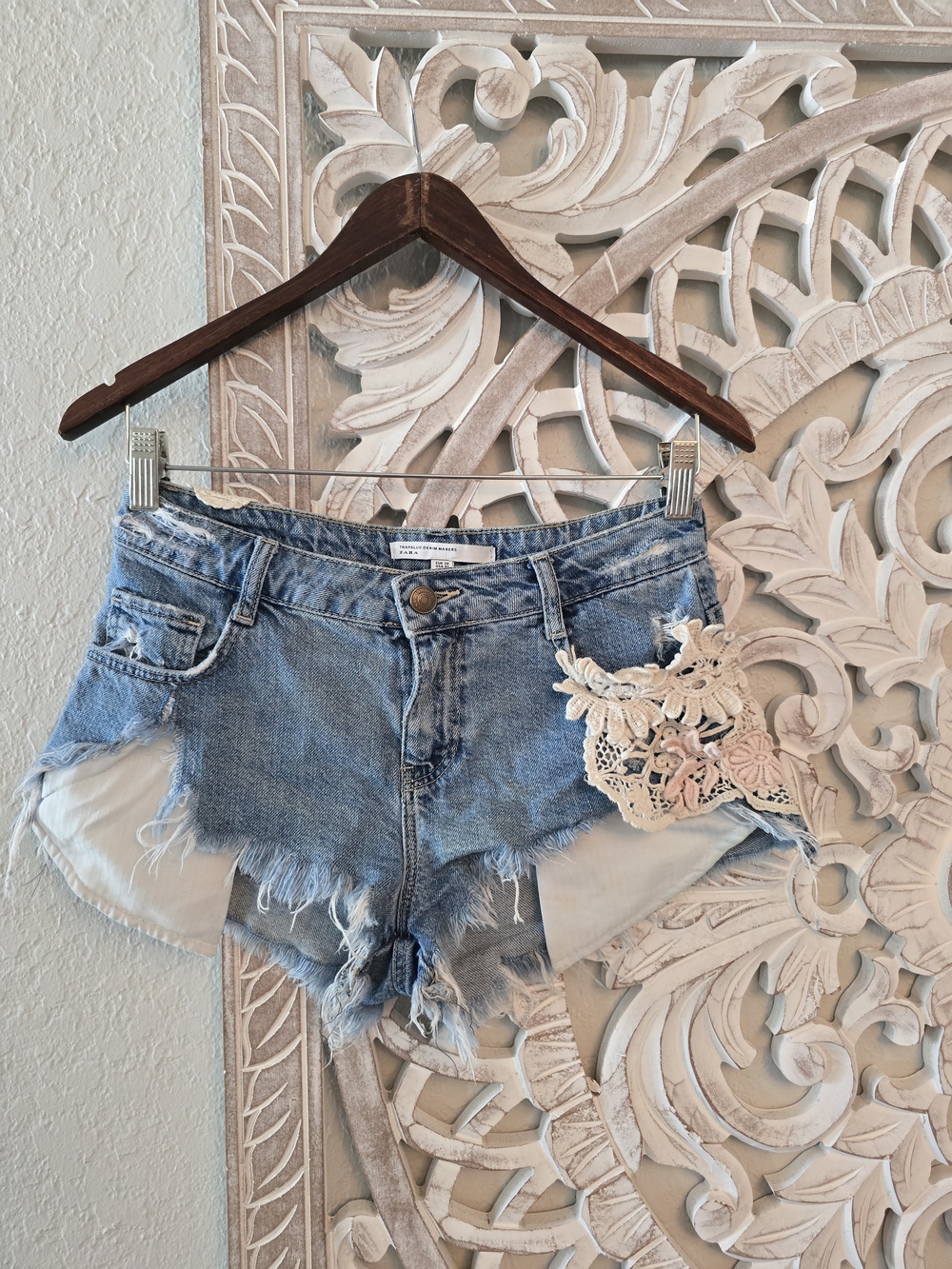 Zara Light Blue Distressed Denim Shorts with Lace Appliqué